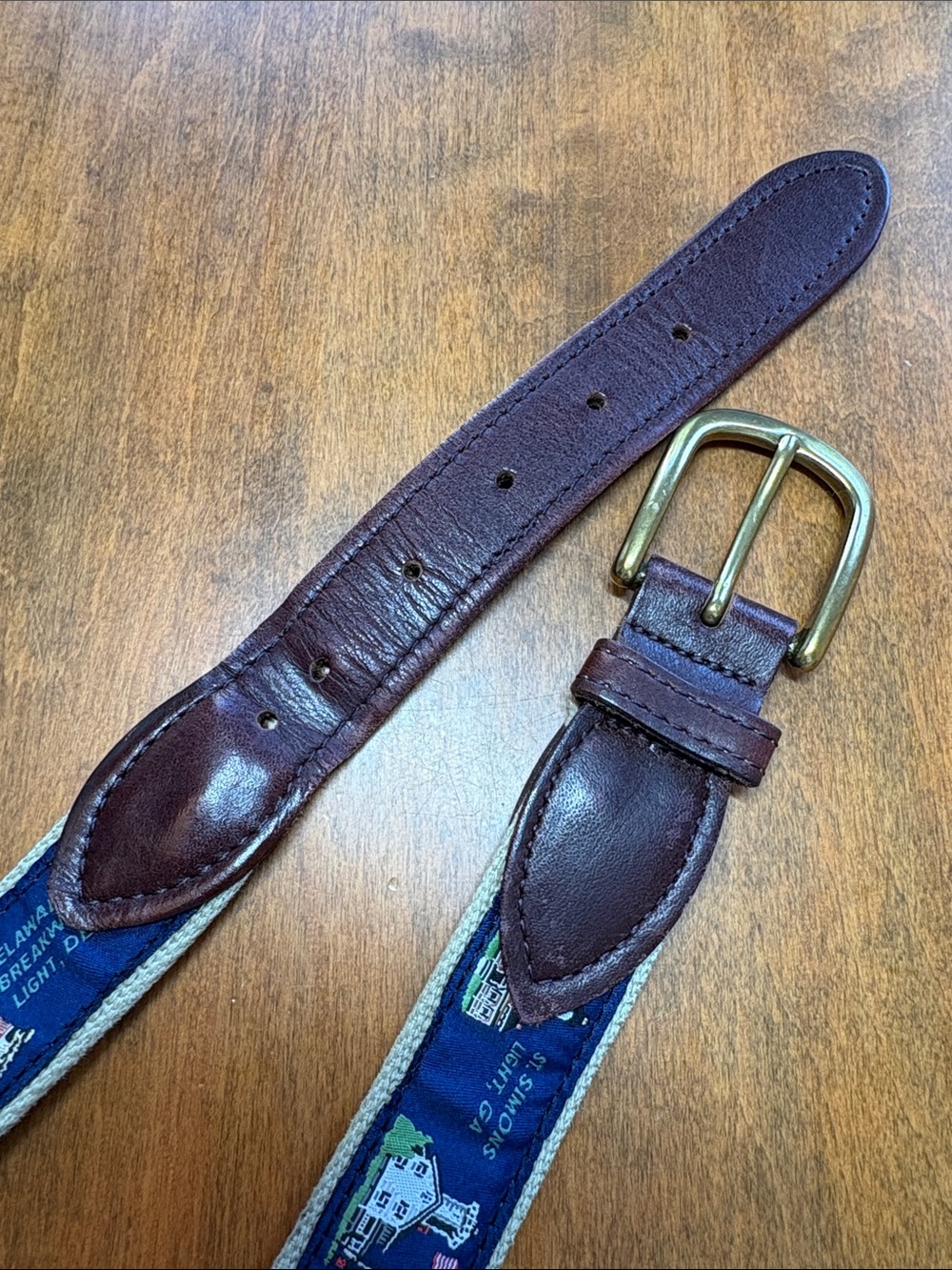 Men's Navy Lighthouse Ribbon Canvas Belt with Brown Leather Trim - Picture 5 of 11